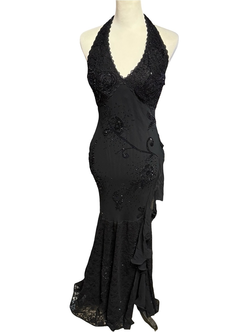Vintage Y2K Cache Black Pure Silk Beaded Halter Mermaid Maxi Gown Dress Sz 8